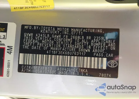 2011 Toyota Camry Le from USA, damaged, VIN 4T1BF3EK6BU763117